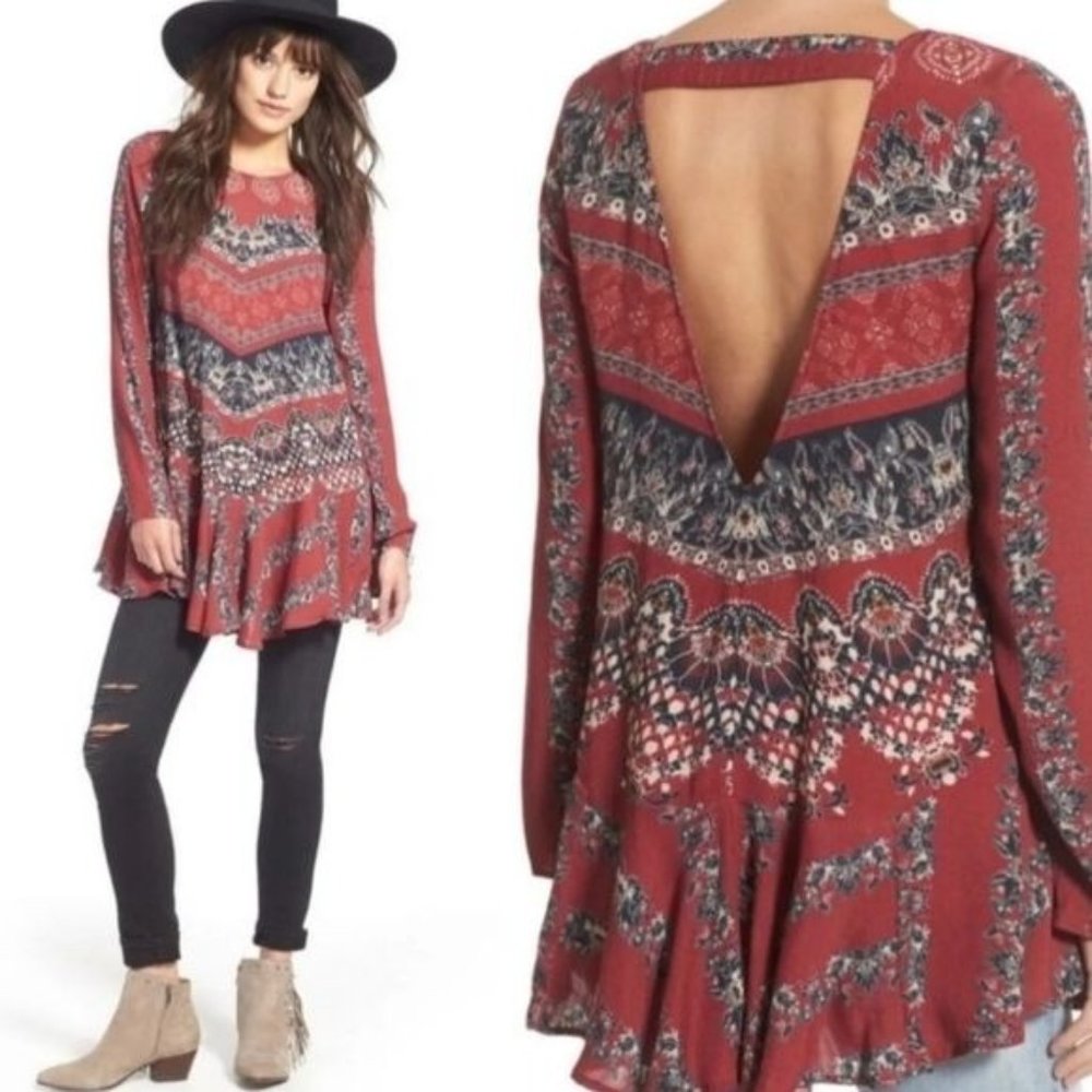 Free People smooth talker boho‎ printed tunic top wine woman's size small